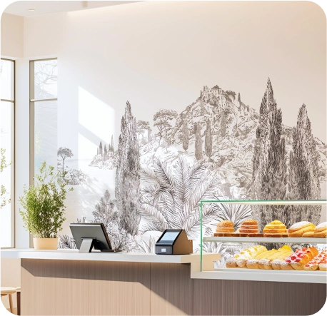 Bakery with mountain black and white wallpaper